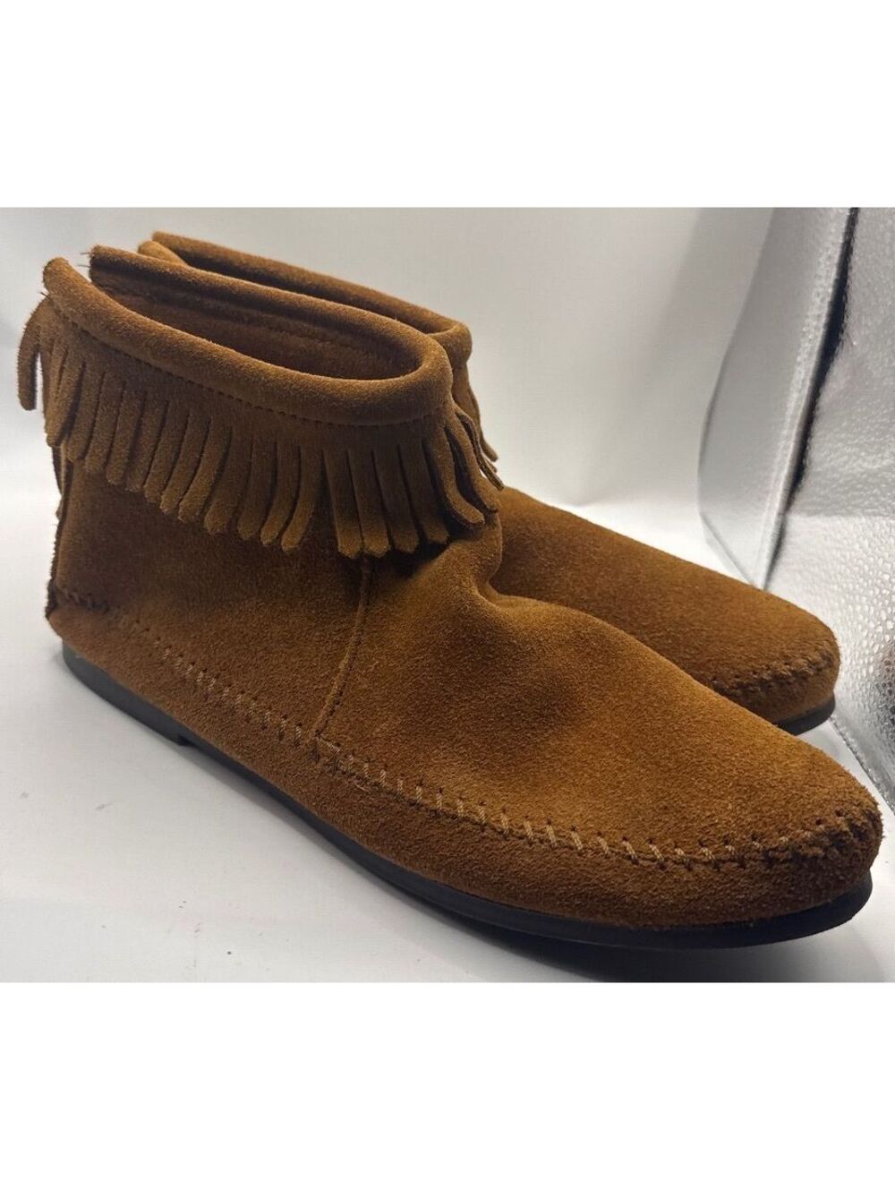 Minnetonka Back Zipper Booties Brown suede fringe trim Size 9